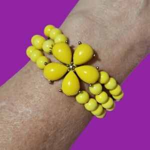 3/$30 Canary Yellow Acrylic Beaded Floral Focal Easter Stretch Bracelet